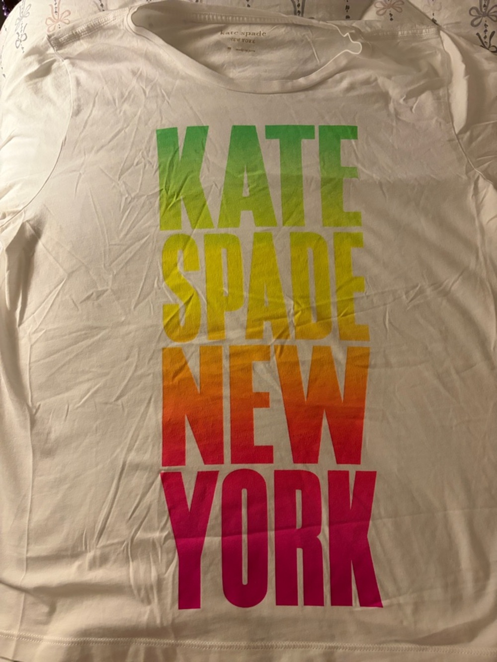 kate spade White Tee with Green-Yellow-Orange-Pink Gradient Logo